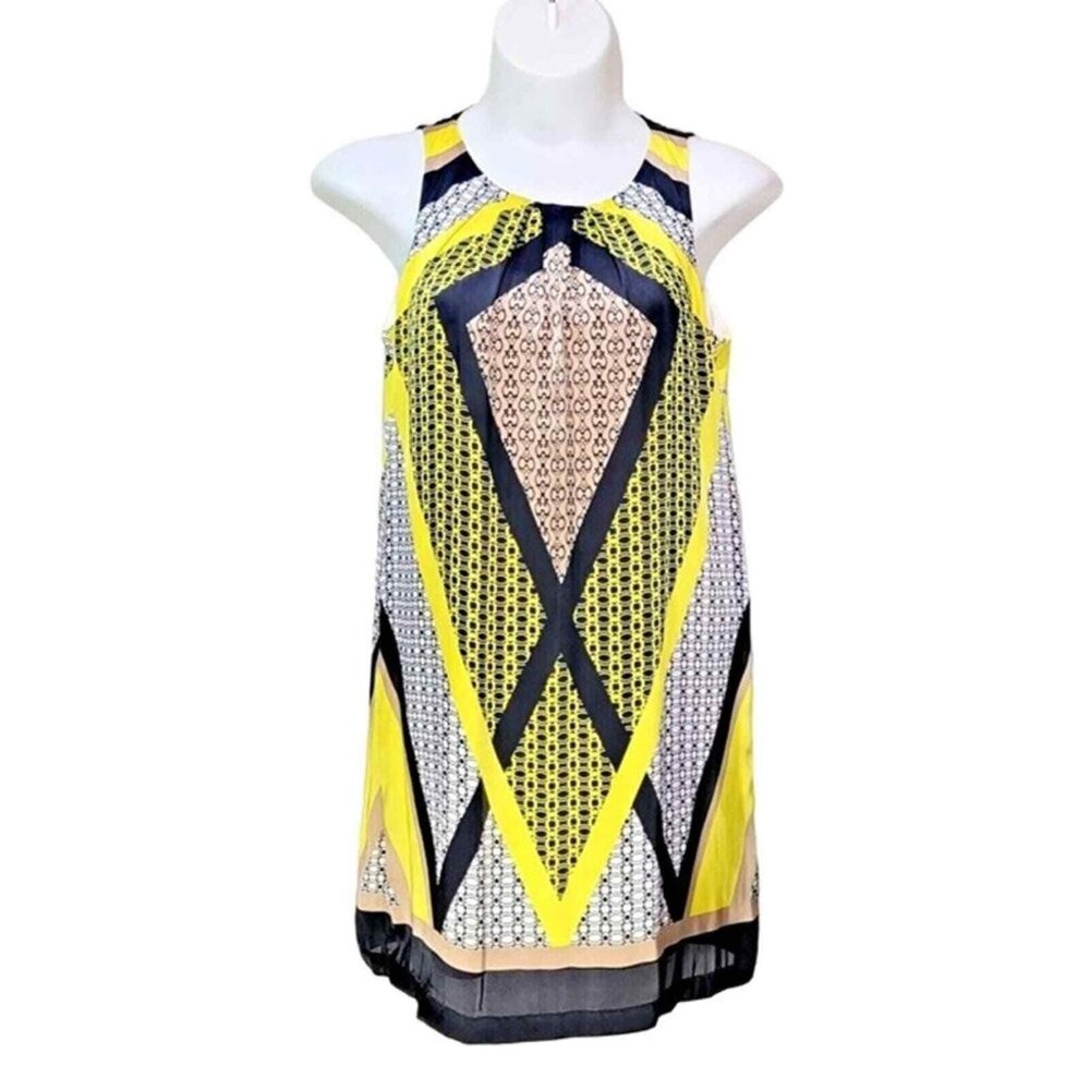 Dana Buchman Yellow/Black Geometric Retro Satin Sheath Sleeveless Midi Dress XL